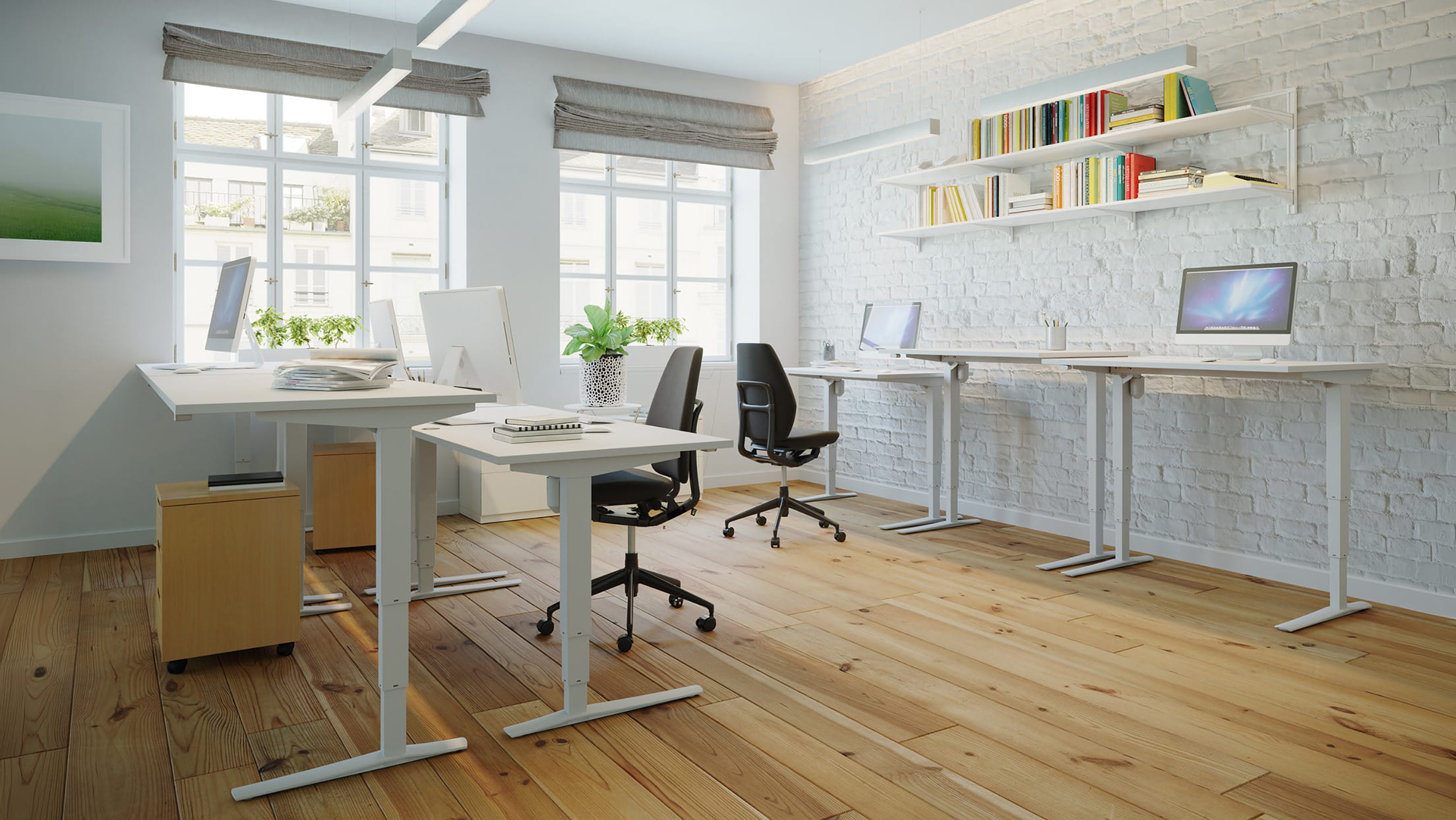 ConSet height adjustable desks in a bright home office