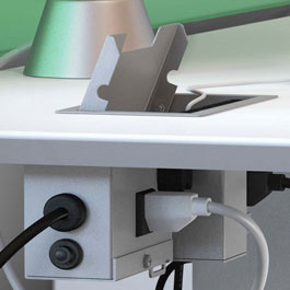 Conveniently access power outlets above and below the desktop.
